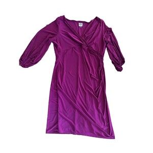 ANNE KLEIN Faux Wrap Dress Sz 16 Magenta Pink V-Neck Midi Ruched Career